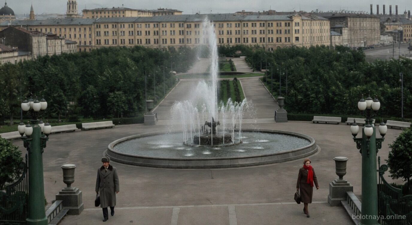 ИИ-раскраска архива, около 1980. Сквер и фонтан.